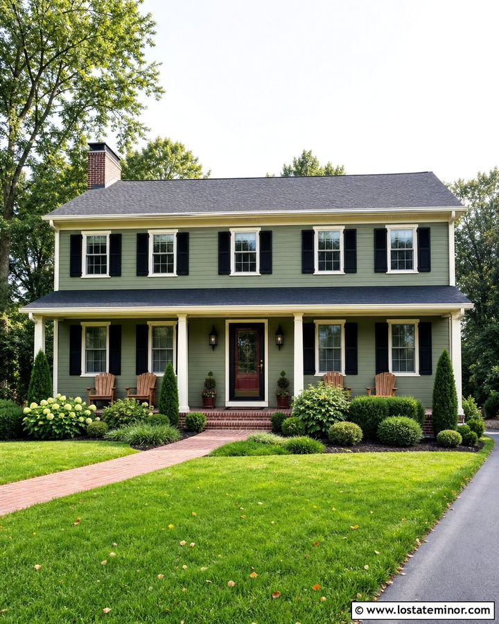 Moss Green House With Red Door And Black Storm Door - 30 Moss Green House Design With Storm Door Ideas