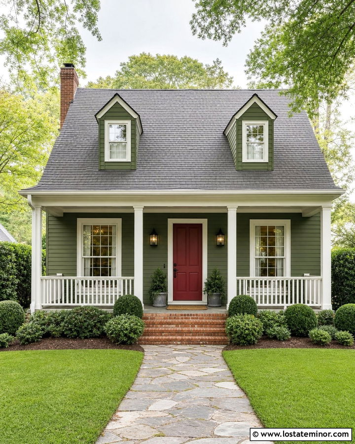 Moss Green House With Red Front Door - 30 Moss Green House Design With Front Porch Ideas