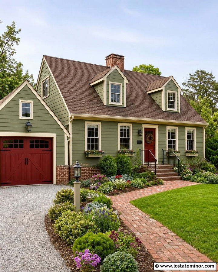 Moss Green House With Red Garage Door - 30 Moss Green House Design With Garage Door Ideas