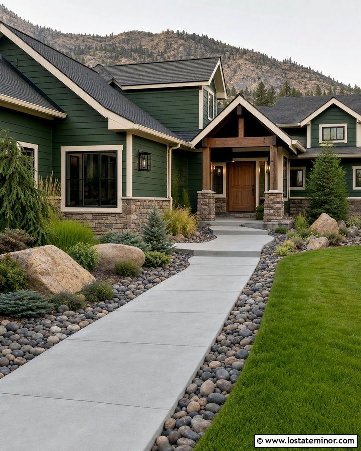 Moss Green House With River Rock Border Walkway - 30 Moss Green House Design With Walkway Ideas