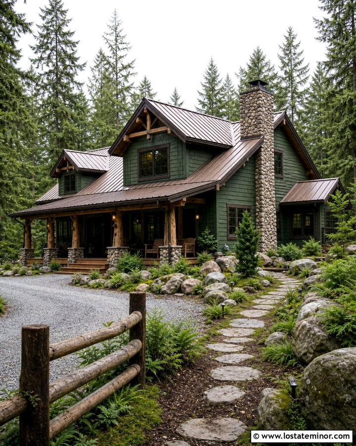 Moss Green House With Rustic Log Fence - 30 Moss Green House Design With Fence Ideas