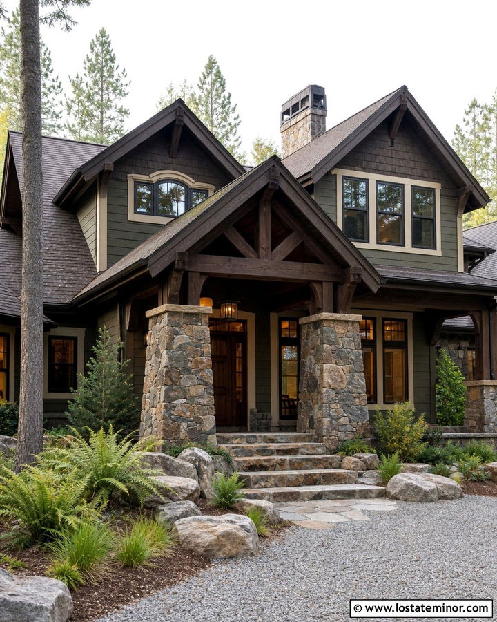 Moss Green House With Rustic Stone Portico - 30 Moss Green House Design With Portico Ideas