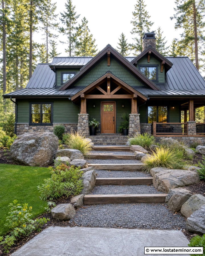 Moss Green House With Rustic Timber Steps - 30 Moss Green House Design With Steps Ideas