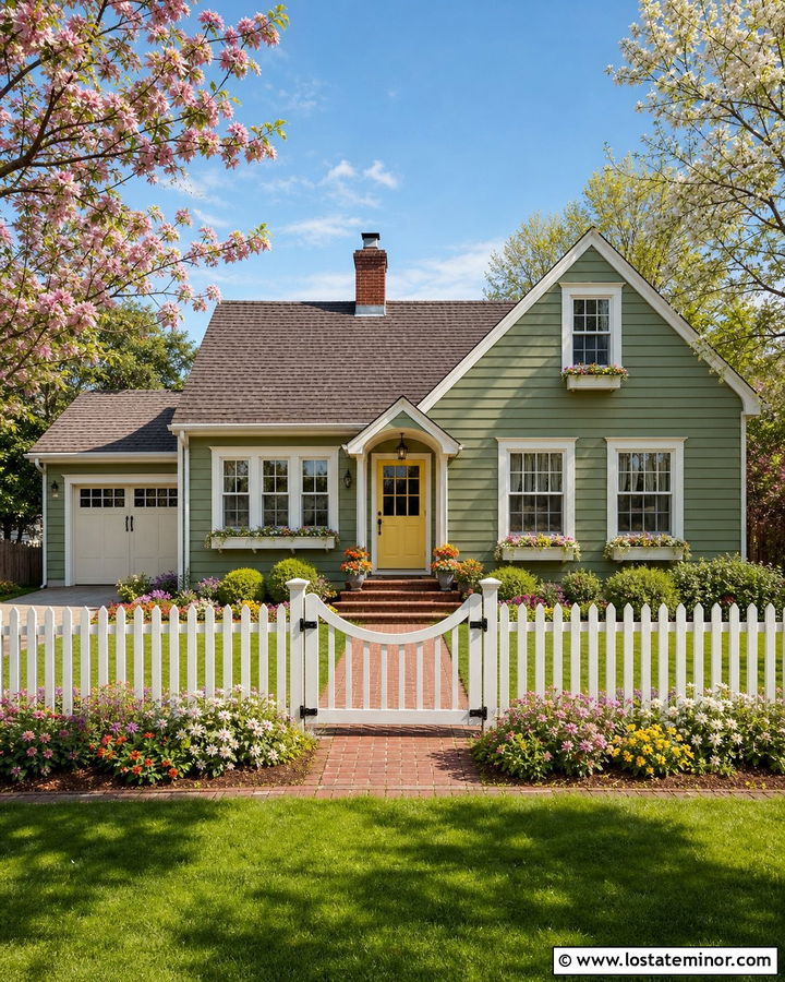 Moss Green House With Scalloped Picket Fence - 30 Moss Green House Design With Fence Ideas