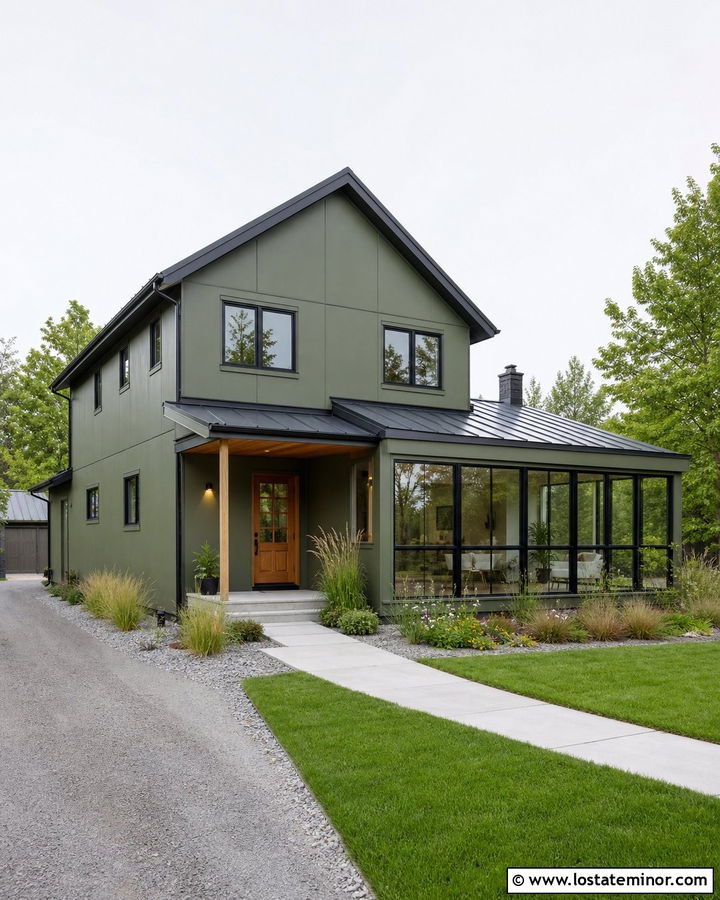 Moss Green House With Shed Roof Sunroom - 30 Moss Green House Design With Sunroom Ideas