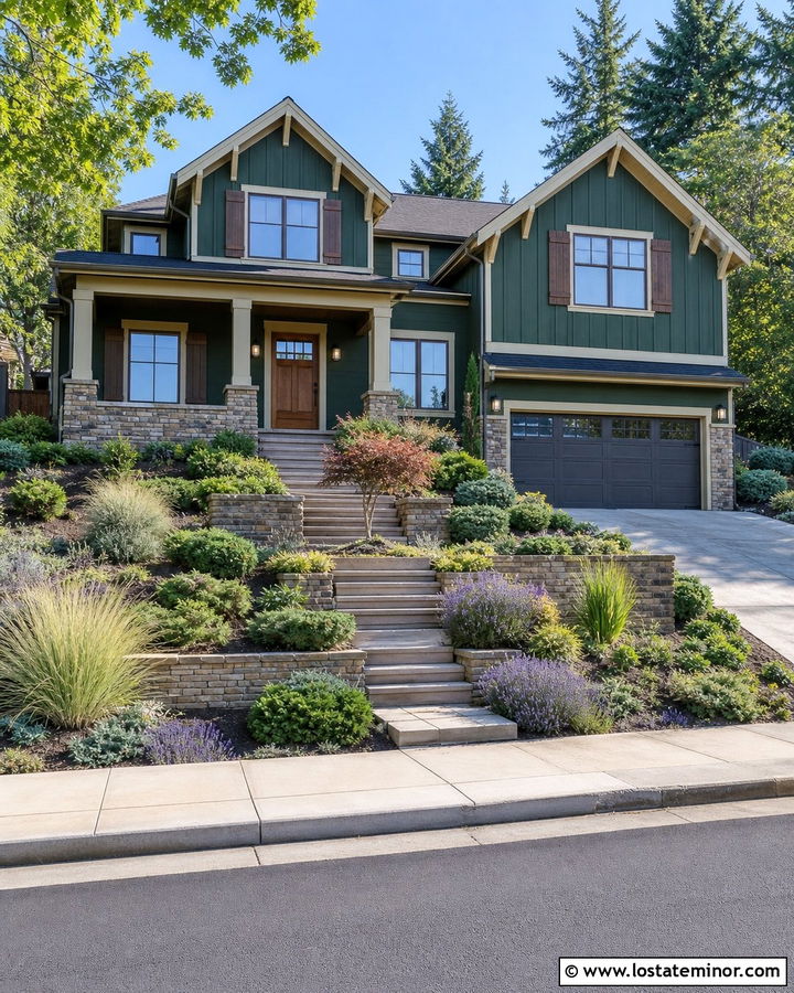 Moss Green House With Sloped Front Yard - 30 Moss Green House Design With Front Yard Ideas