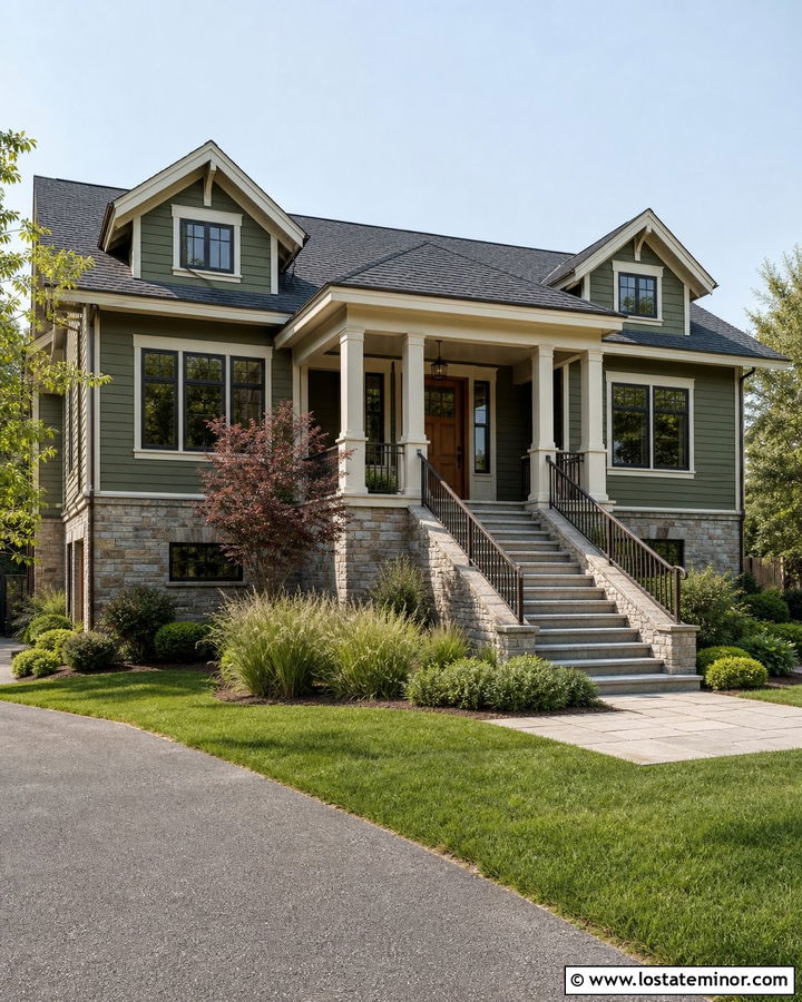 Moss Green House With Split Front Steps - 30 Moss Green House Design With Steps Ideas