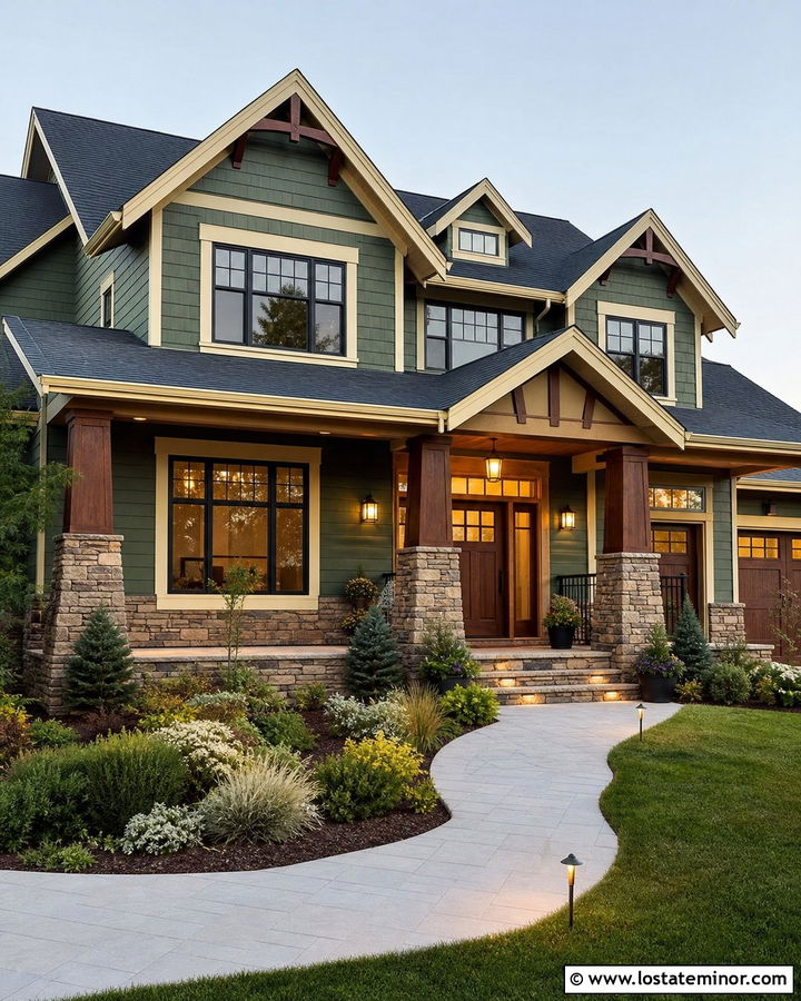 Moss Green House With Stacked Stone Porch Columns - 30 Moss Green House Design With Porch Columns Ideas
