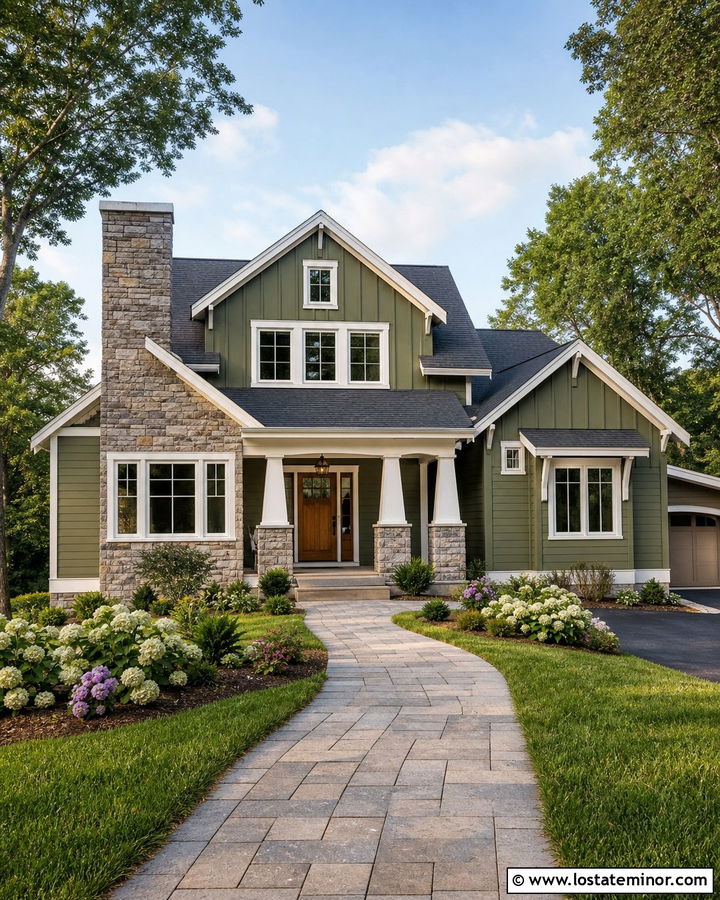Moss Green House With Stone Accent And Charcoal Roof - 30 Moss Green House Design With Roof Ideas