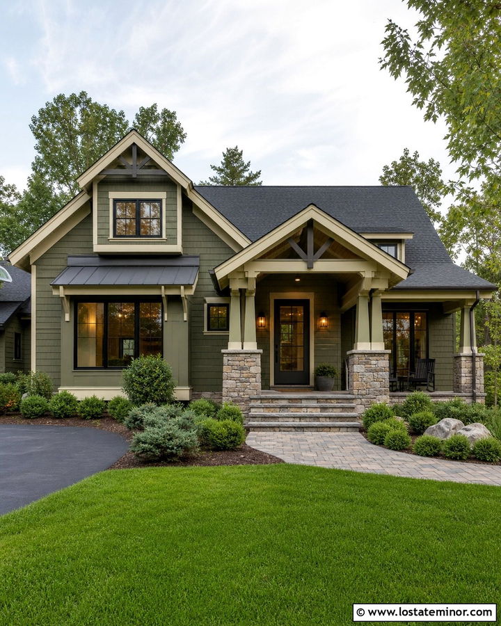Moss Green House With Stone Accents And Black Storm Door - 30 Moss Green House Design With Storm Door Ideas
