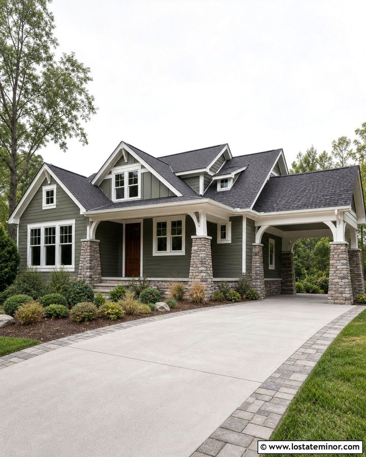 Moss Green House With Stone Carport Columns - 30 Moss Green House Design With Carport Ideas