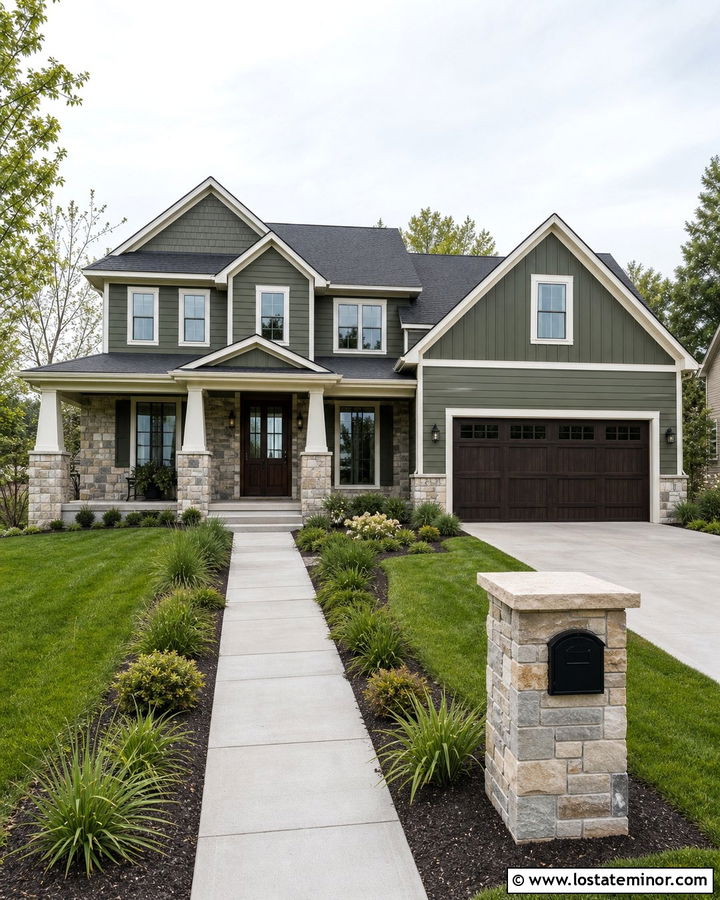 Moss Green House With Stone Column Mailbox - 30 Moss Green House Design With Mailbox Ideas