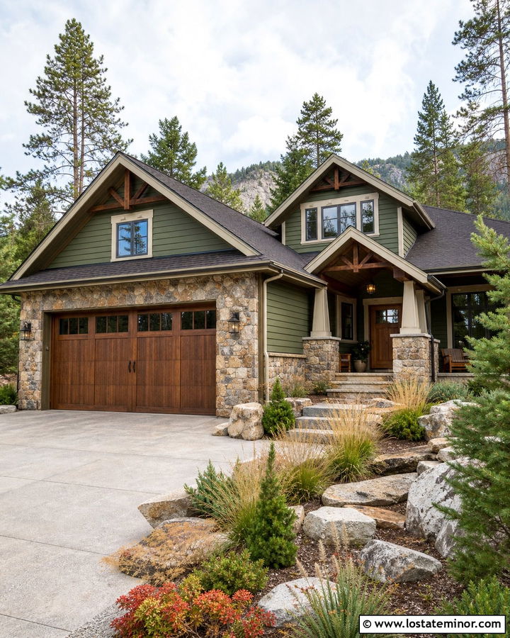 Moss Green House With Stone Framed Garage Door - 30 Moss Green House Design With Garage Door Ideas