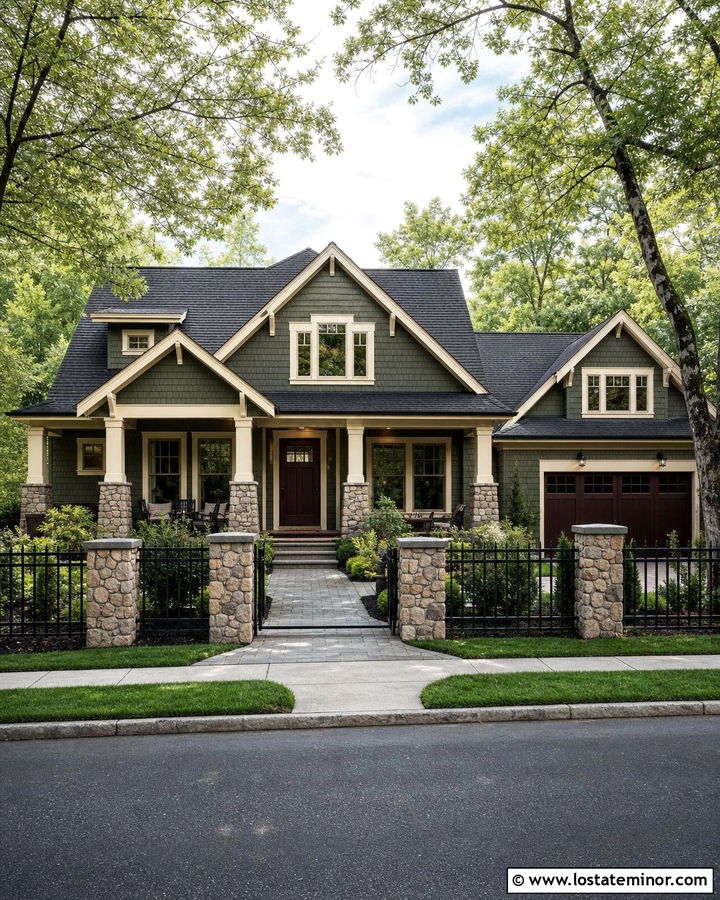 Moss Green House With Stone Pillar Fence - 30 Moss Green House Design With Fence Ideas