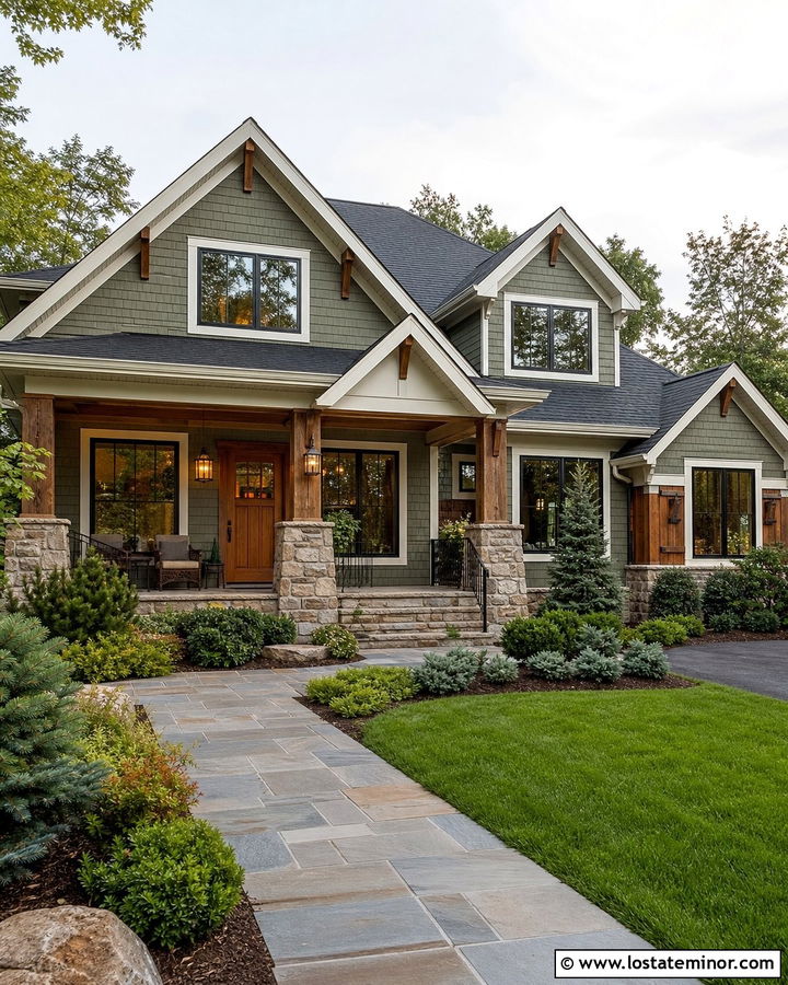 Moss Green House With Stone Porch And Dormers - 30 Moss Green House Design With Dormers Ideas