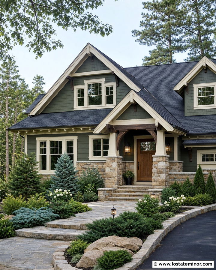 Moss Green House With Stone Porch And Evergreen Landscaping - 30 Moss Green House Design With Landscaping Ideas