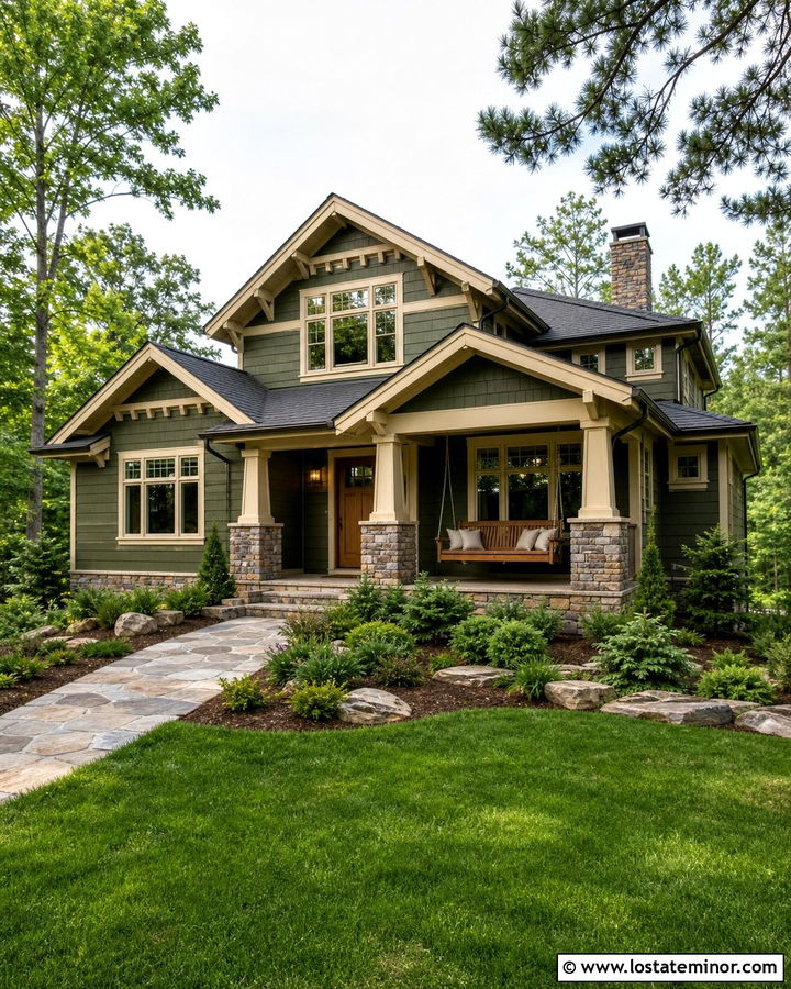 Moss Green House With Stone Porch And Swing - 30 Moss Green House Design With Swing Ideas