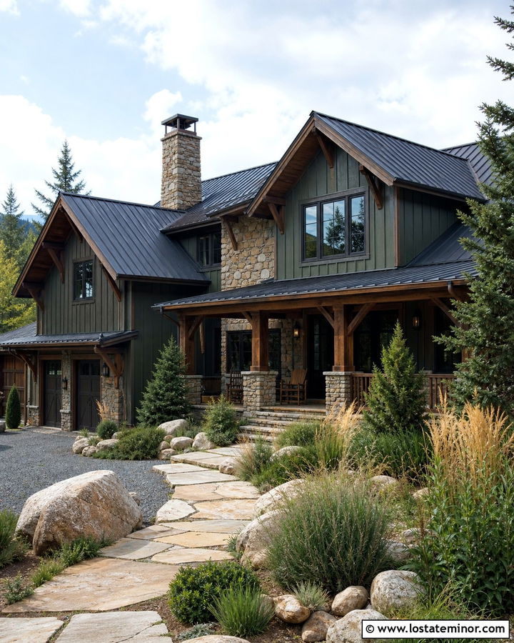 Moss Green House With Stone Porch And Timber Deck - 30 Moss Green House Design With Deck Ideas