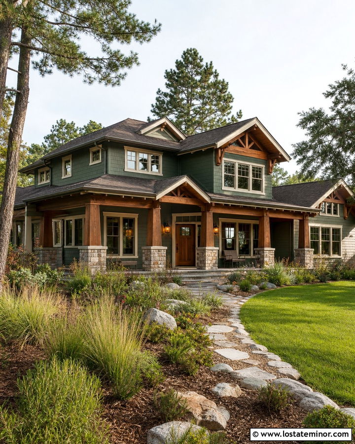 Moss Green House With Stone Porch Columns - 30 Moss Green House Design With Lighting Ideas