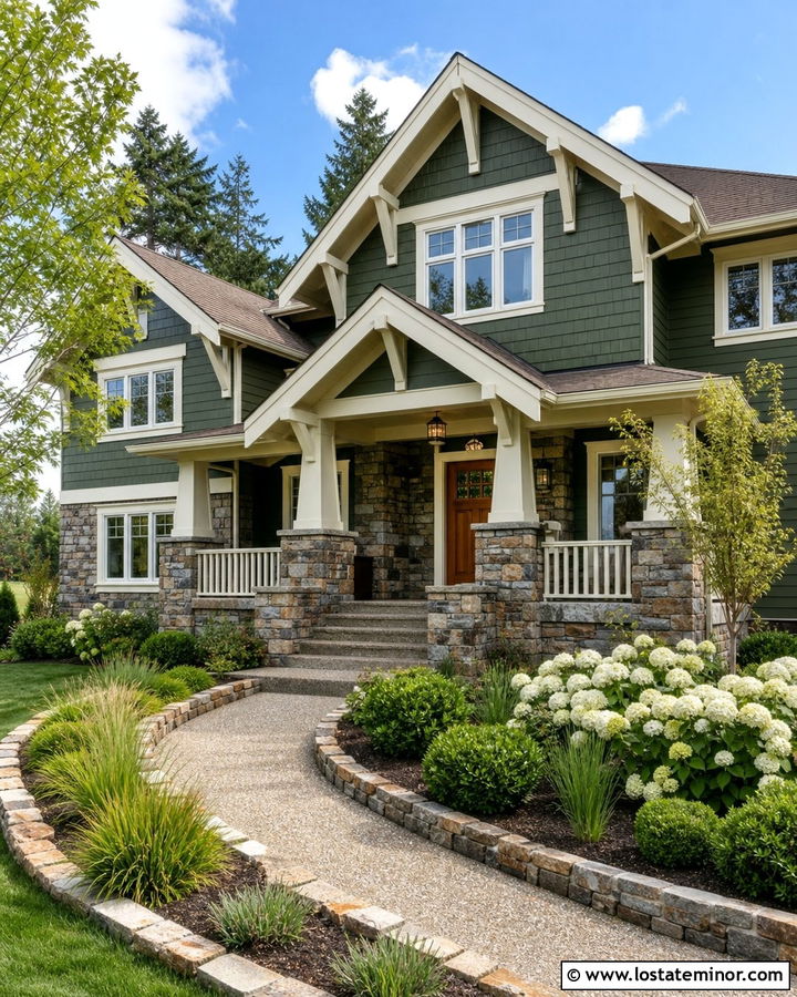 Moss Green House With Stone Porch Columns - 30 Moss Green House Design With Front Yard Ideas