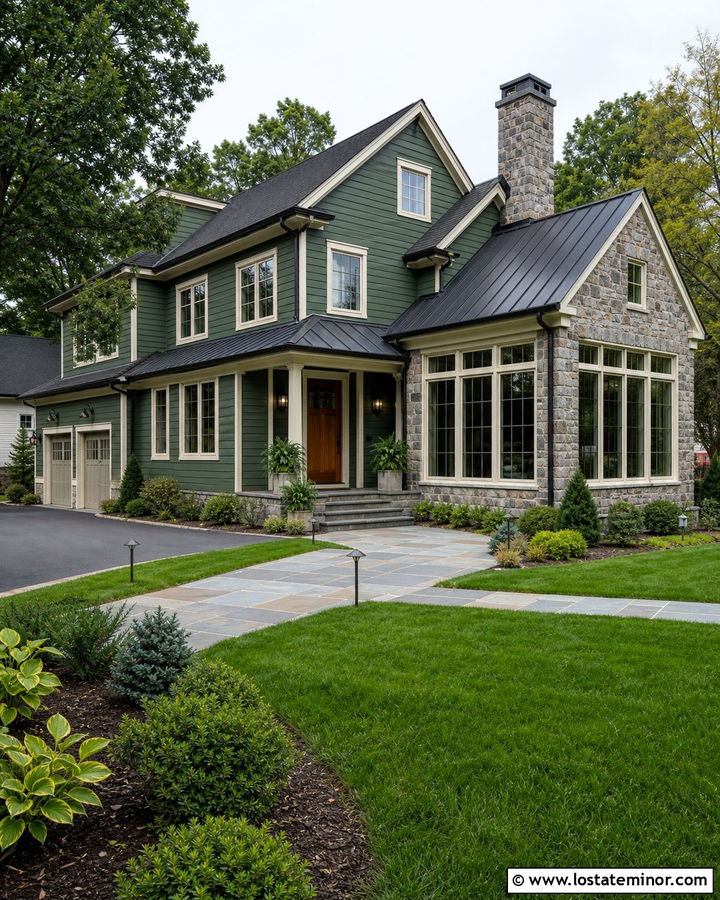 Moss Green House With Stone Sunroom Wall - 30 Moss Green House Design With Sunroom Ideas