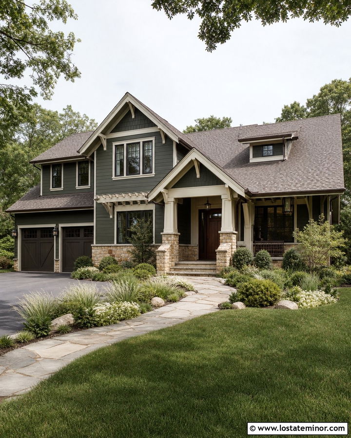 Moss Green House With Tan Stone And Bronze Accents - 30 Moss Green House Design With Accents Ideas