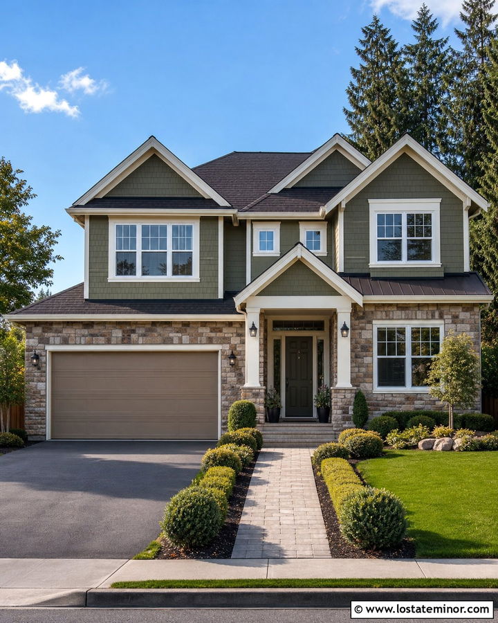 Moss Green House With Taupe Garage Door - 30 Moss Green House Design With Garage Door Ideas