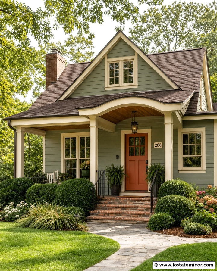 Moss Green House With Terracotta Door And Bronze Numbers - 30 Moss Green House Design With House Numbers Ideas