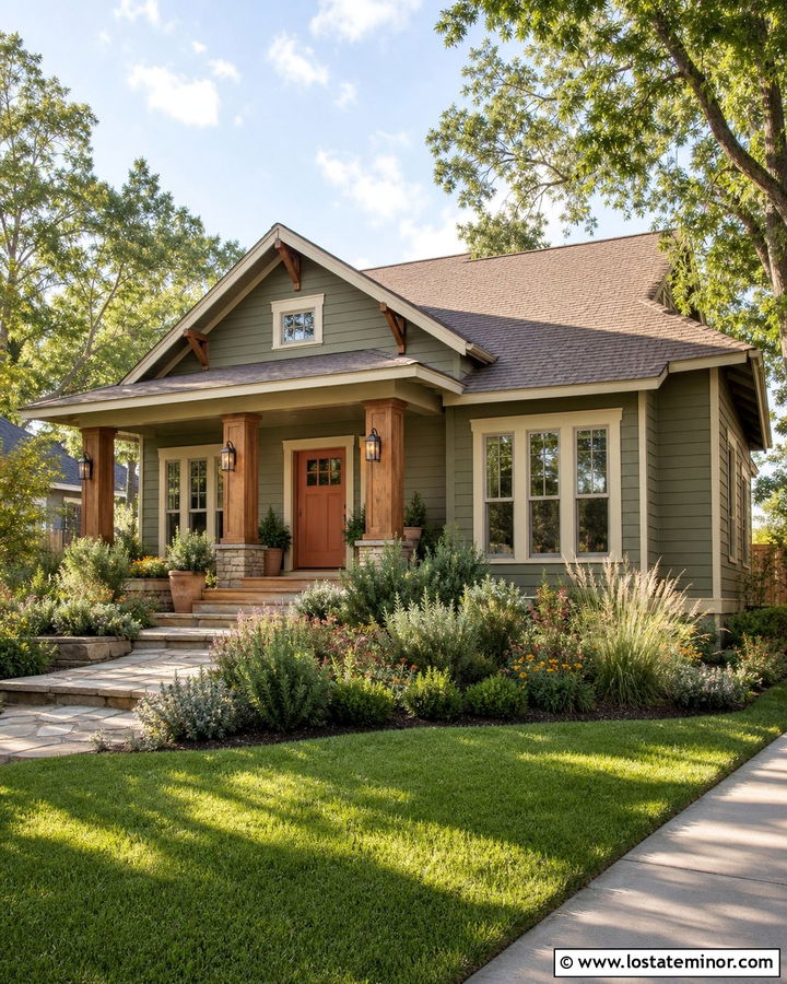 Moss Green House With Terracotta Door And Cream Trim - 30 Moss Green House Design With Accents Ideas