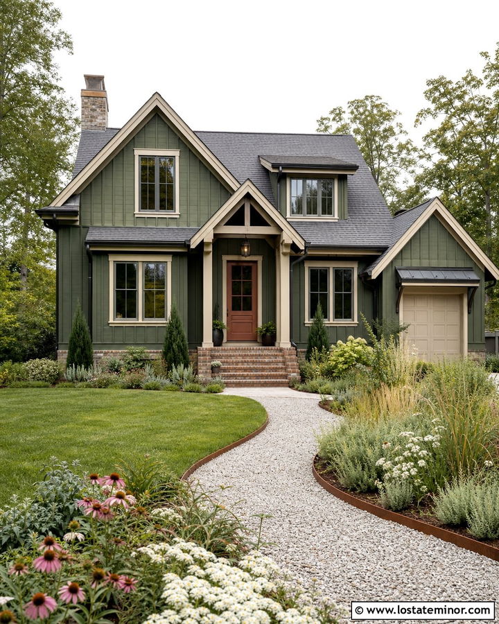 Moss Green House With Terracotta Front Door - 30 Moss Green House Design With Front Yard Ideas