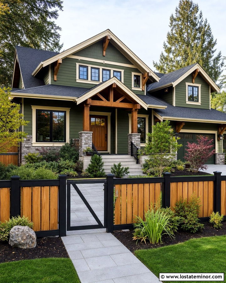 Moss Green House With Two Tone Wood Fence - 30 Moss Green House Design With Fence Ideas