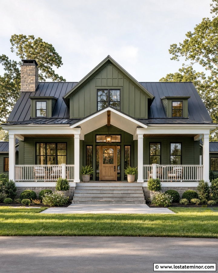 Moss Green House With Vaulted White Shiplap Ceiling - 30 Moss Green House Design With Porch Ceiling Ideas
