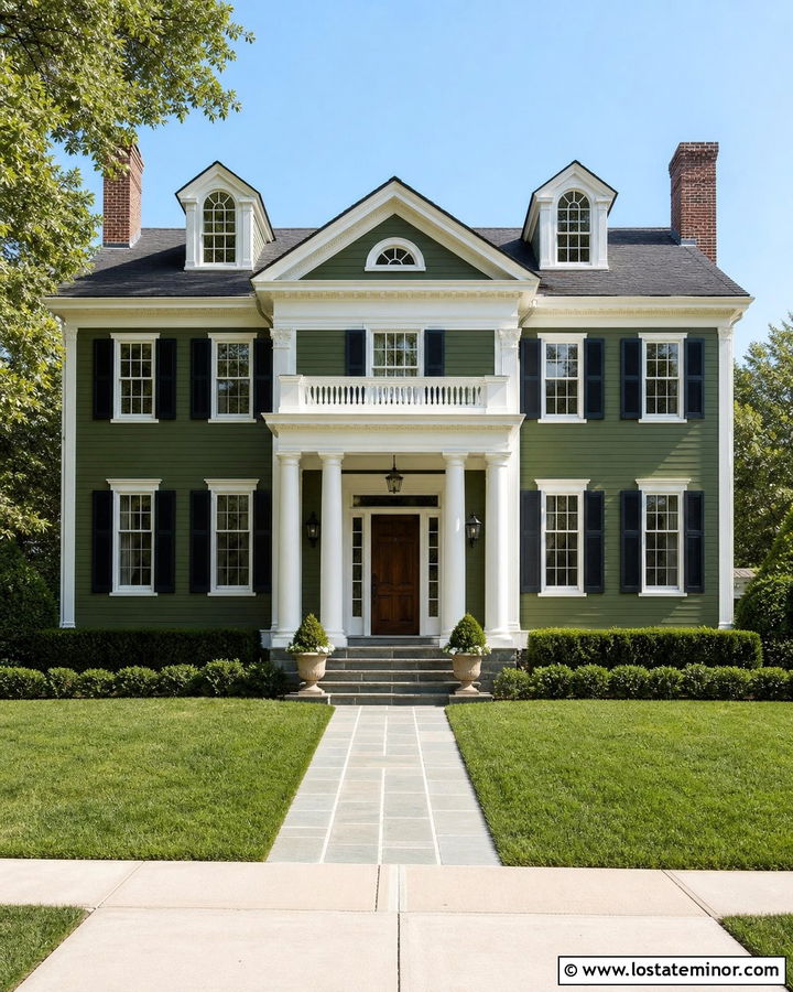 Moss Green House With White Column Portico - 30 Moss Green House Design With Portico Ideas
