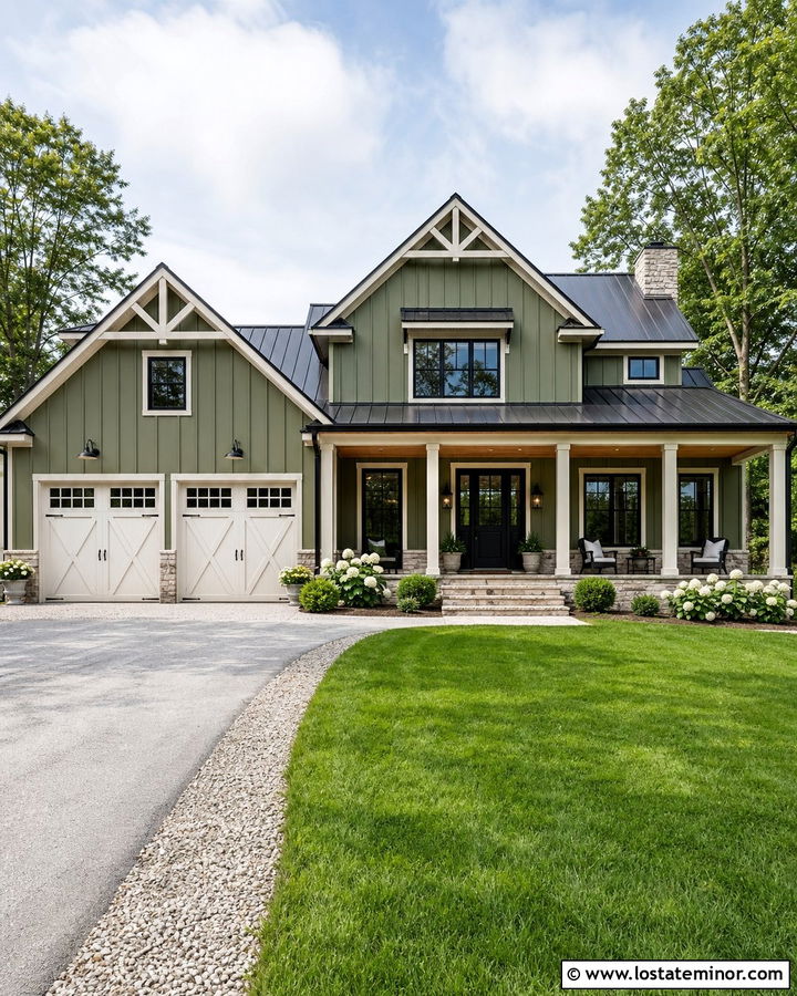 Moss Green House With White Farmhouse Garage Door - 30 Moss Green House Design With Garage Door Ideas
