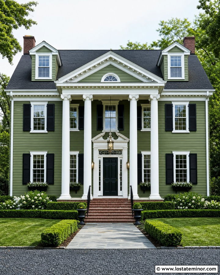 Moss Green House With White Fluted Porch Columns - 30 Moss Green House Design With Porch Columns Ideas