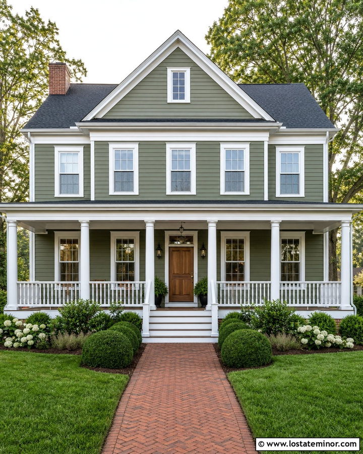 Moss Green House With White Front Porch - 30 Moss Green House Design With Front Porch Ideas