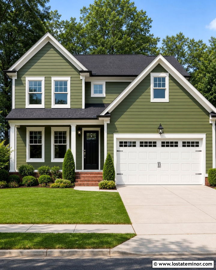 Moss Green House With White Garage Door - 30 Moss Green House Design With Garage Door Ideas