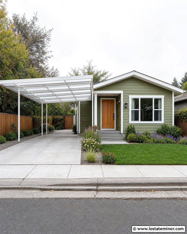 Moss Green House With White Metal Carport - 30 Moss Green House Design With Carport Ideas