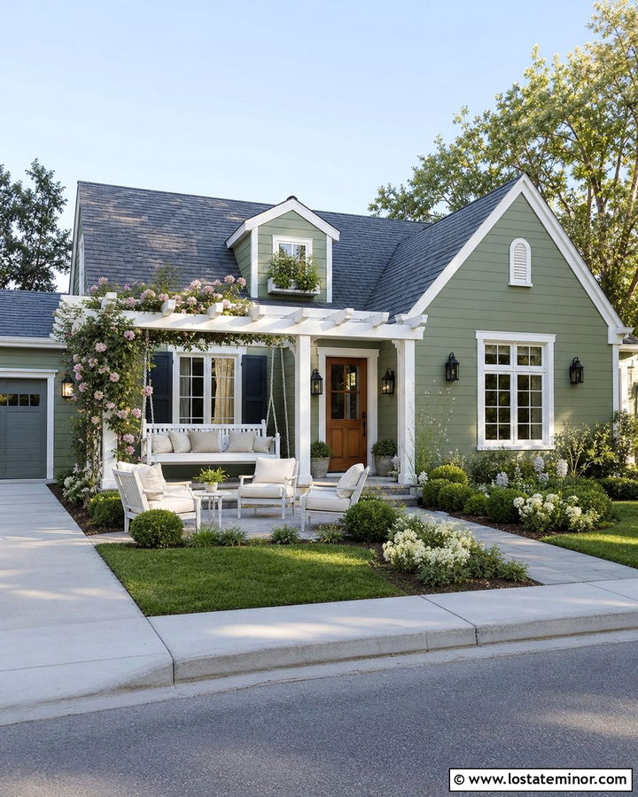 Moss Green House With White Pergola Swing - 30 Moss Green House Design With Swing Ideas