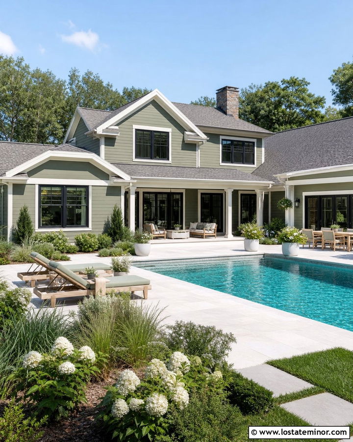 Moss Green House With White Pool Deck - 30 Moss Green House Design With Swimming Pool Ideas