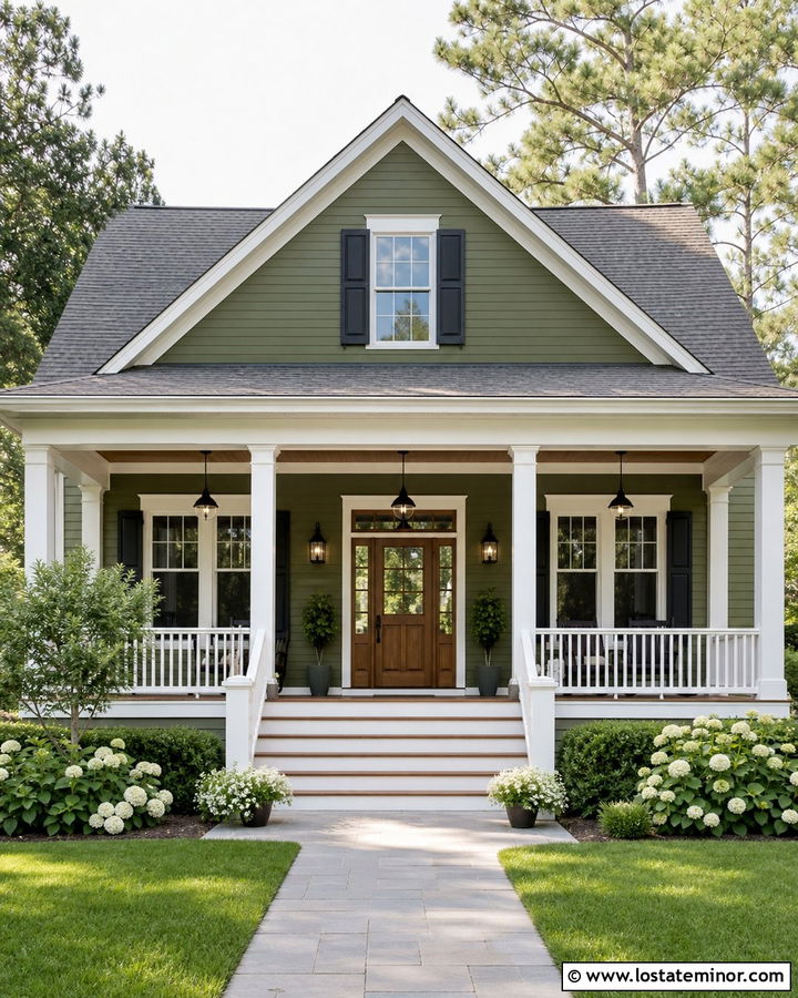 Moss Green House With White Porch Columns - 30 Moss Green House Design With Lighting Ideas