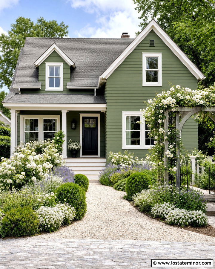 Moss Green House With White Rose Garden - 30 Moss Green House Design With Front Yard Ideas
