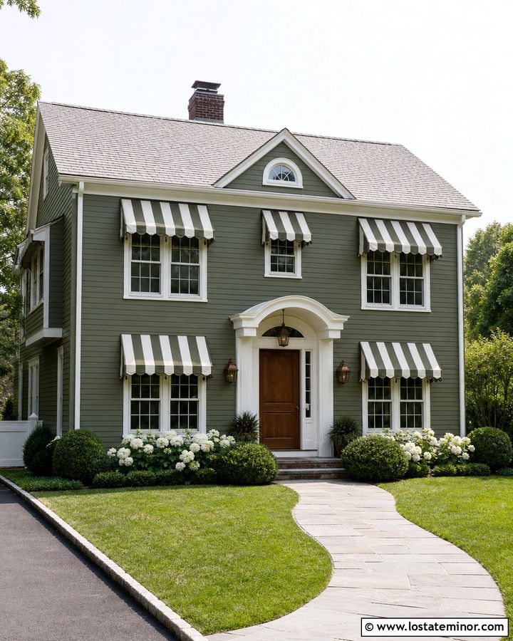 Moss Green House With White Striped Awnings - 30 Moss Green House Design With Awning Ideas