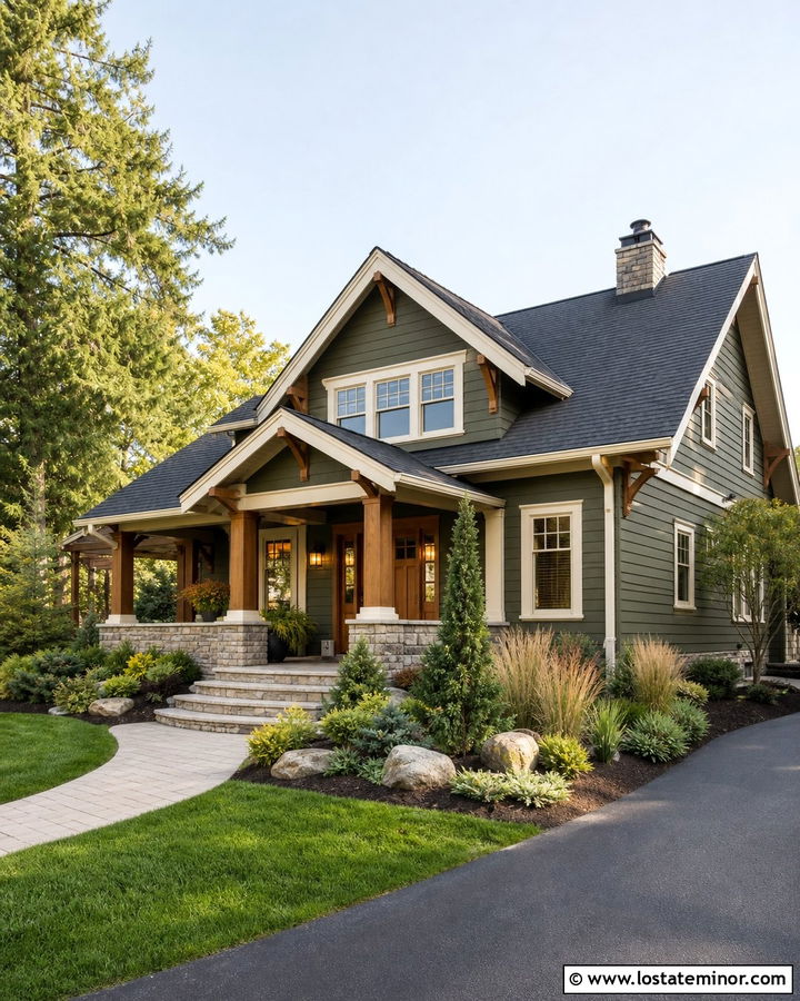 Moss Green House With White Trim And Cedar Accents - 30 Moss Green House Design With Accents Ideas