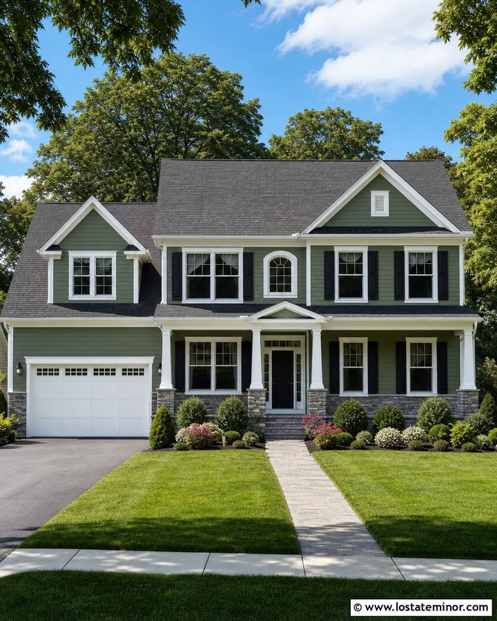 Moss Green House With White Trim And Gray Roof - 30 Moss Green House Design With Roof Ideas