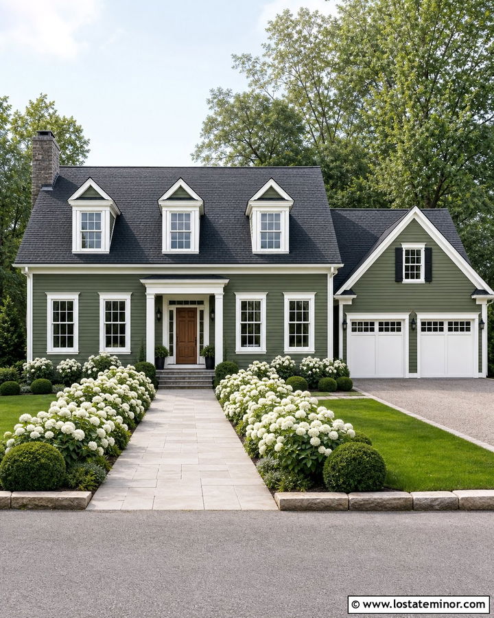 Moss Green House With White Trim And Hydrangeas - 30 Moss Green House Design With Landscaping Ideas