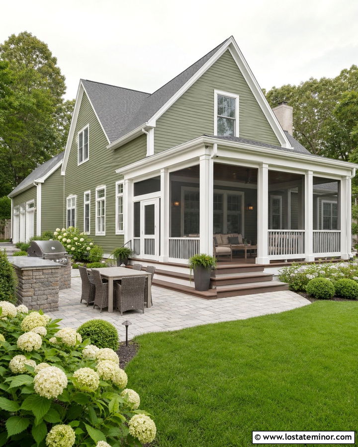 Moss Green House With White Trim And Screened Porch - 30 Moss Green House Design With Backyard Ideas