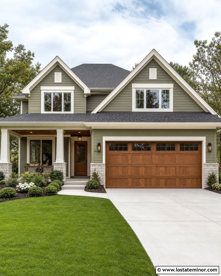 Moss Green House With White Trim And Wood Garage - 30 Moss Green House Design With Trim Ideas