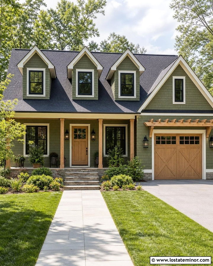 Moss Green House With Wood Door And Dormers - 30 Moss Green House Design With Dormers Ideas