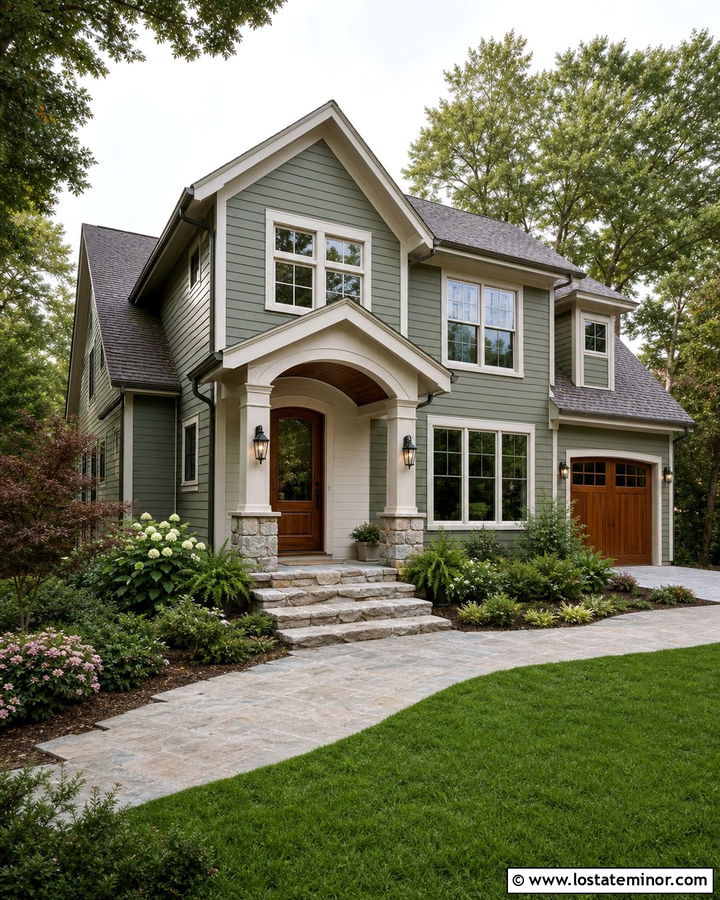 Moss Green House With Wood Front Door Portico - 30 Moss Green House Design With Portico Ideas